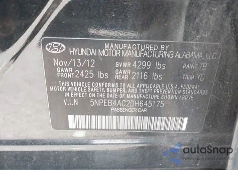 2013 Hyundai Sonata Gls из США, поврежденный, VIN 5NPEB4AC2DH645175